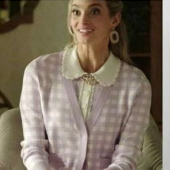Maje Mystyle Cardigan Size 4 XL Purple White Gingham Check Preppy Sweater - Picture 12 of 14